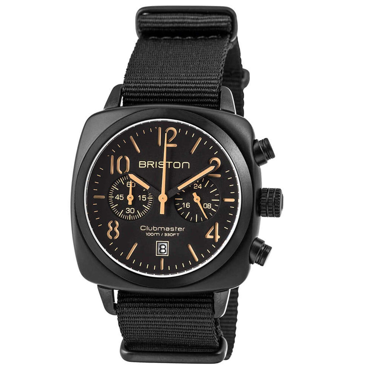 Men's black chronograph watch front view with fabric strap and gold-toned hands.