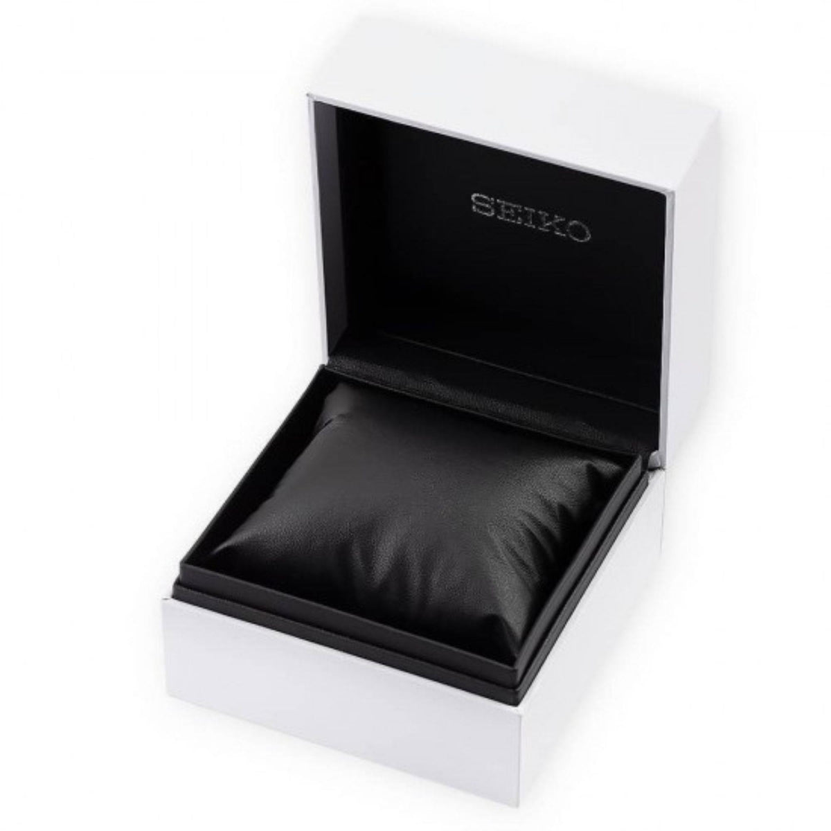 Seiko watch presentation box with black cushion, open lid.