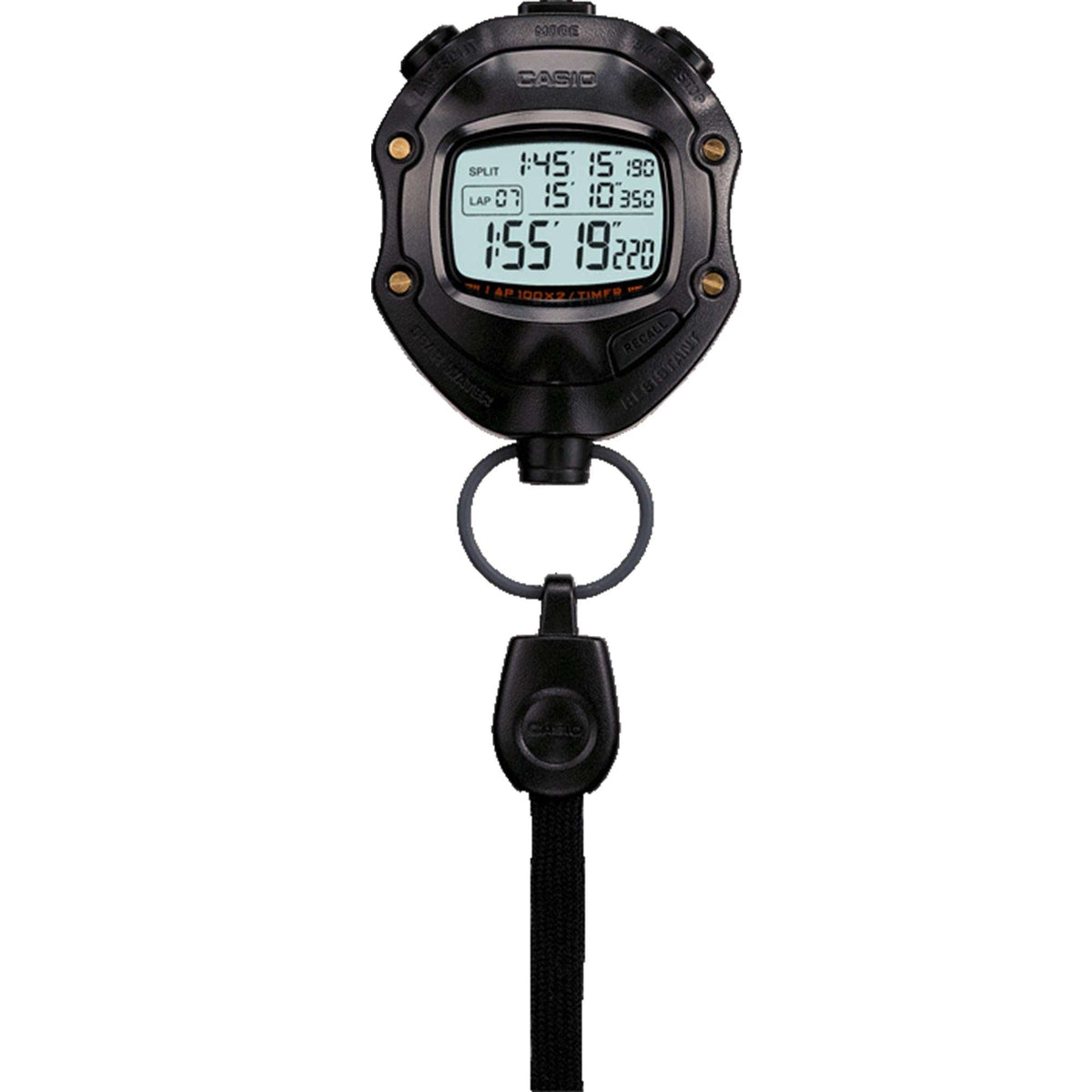 Black digital stopwatch with keychain clip and lanyard, split display