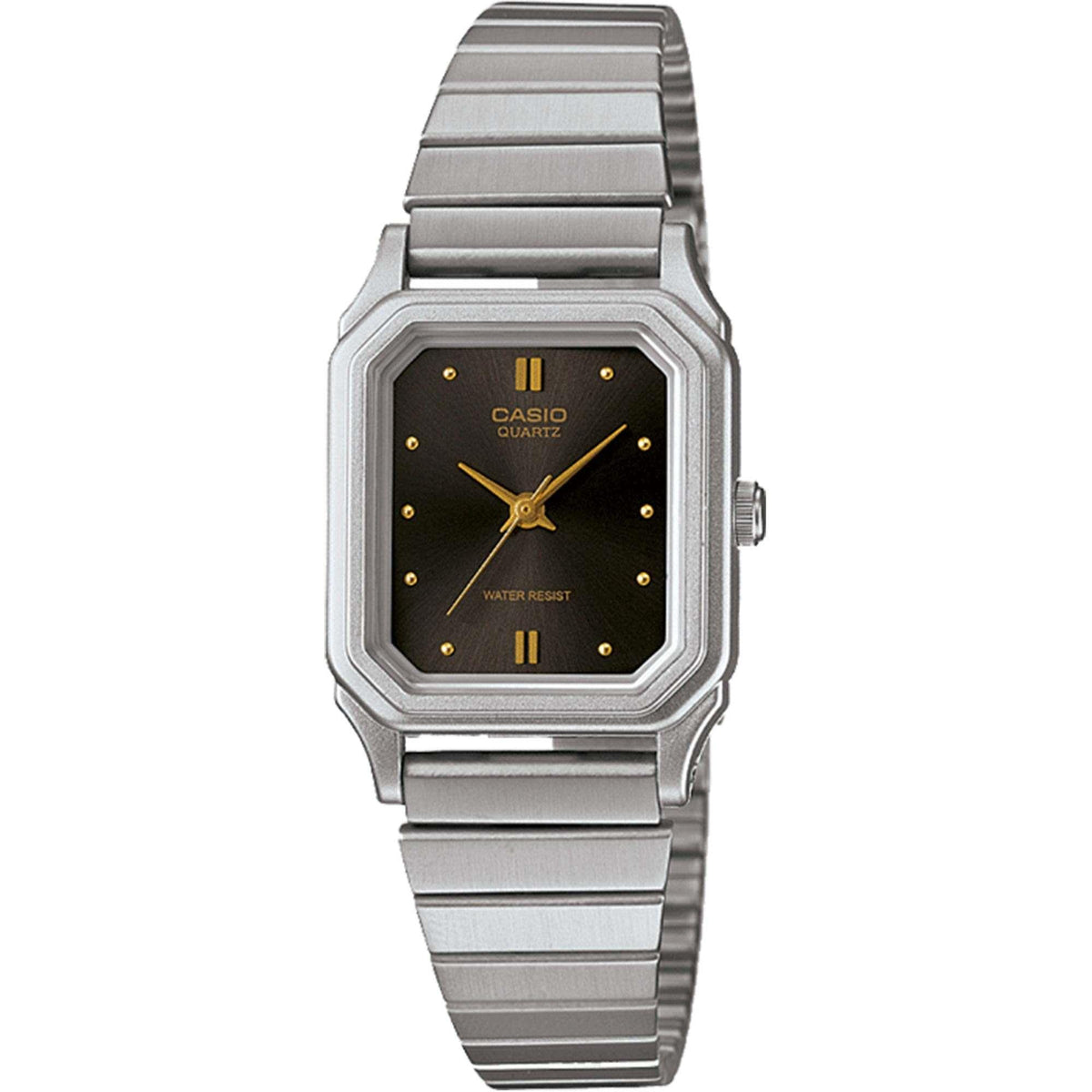 Casio ladies’ quartz wristwatch, octagonal silver case, dark brown dial, gold hands, crown at right.