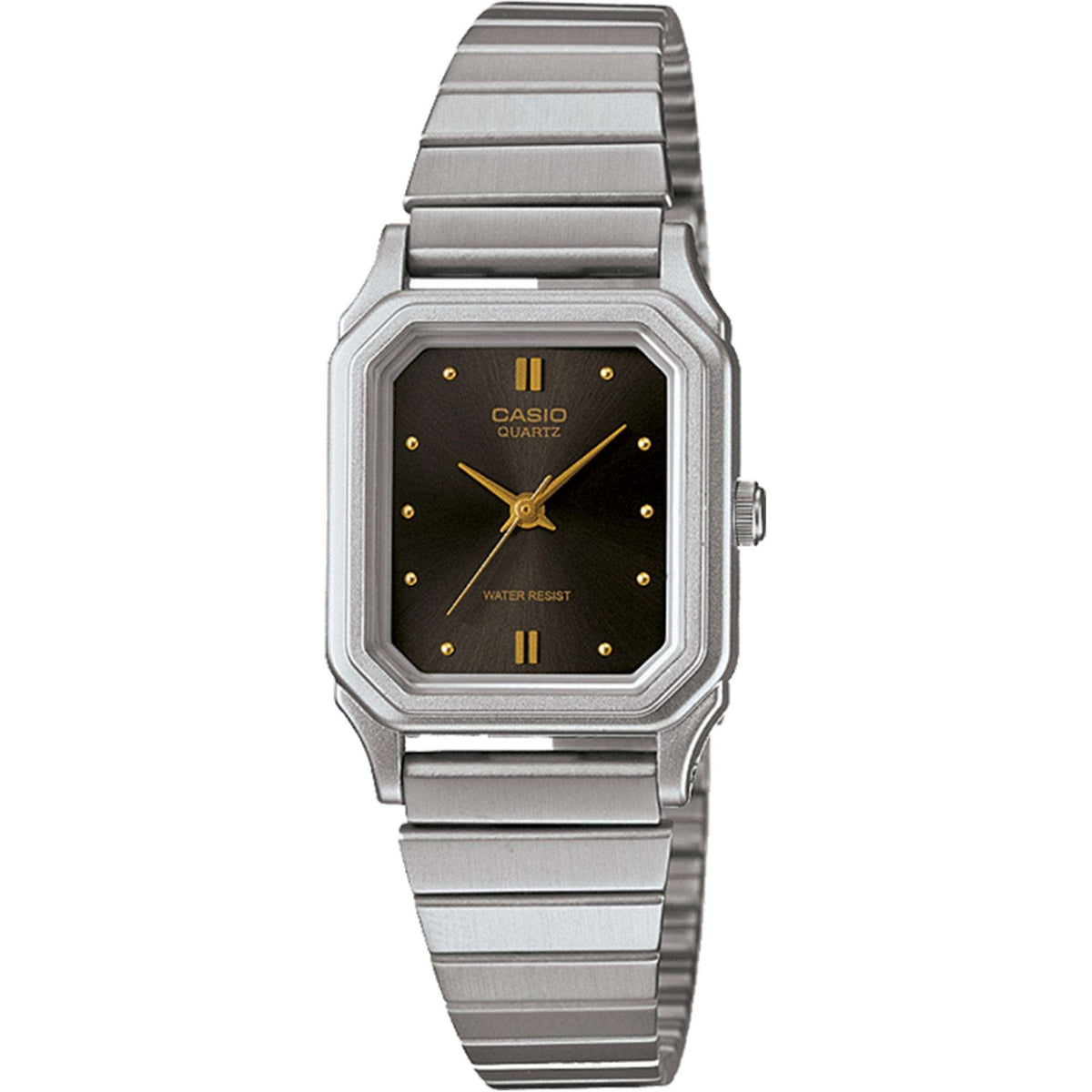 Casio ladies’ quartz wristwatch with dark dial featuring Casio Quartz text and gold hour markers.