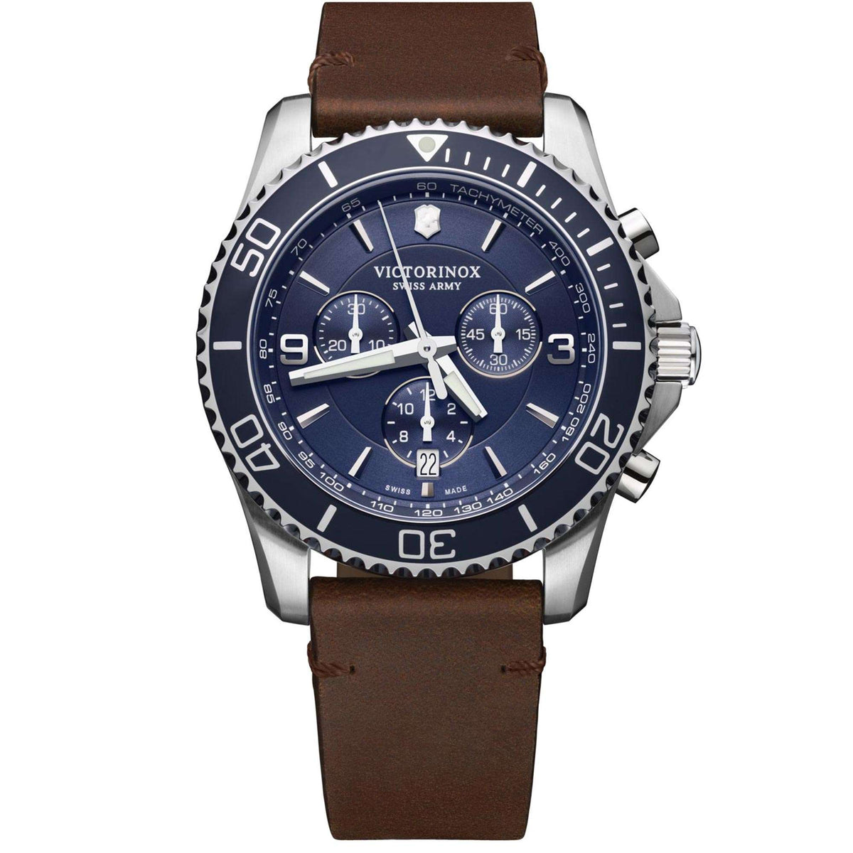 Men's quartz wristwatch front view, blue dial with subdials and brown leather strap