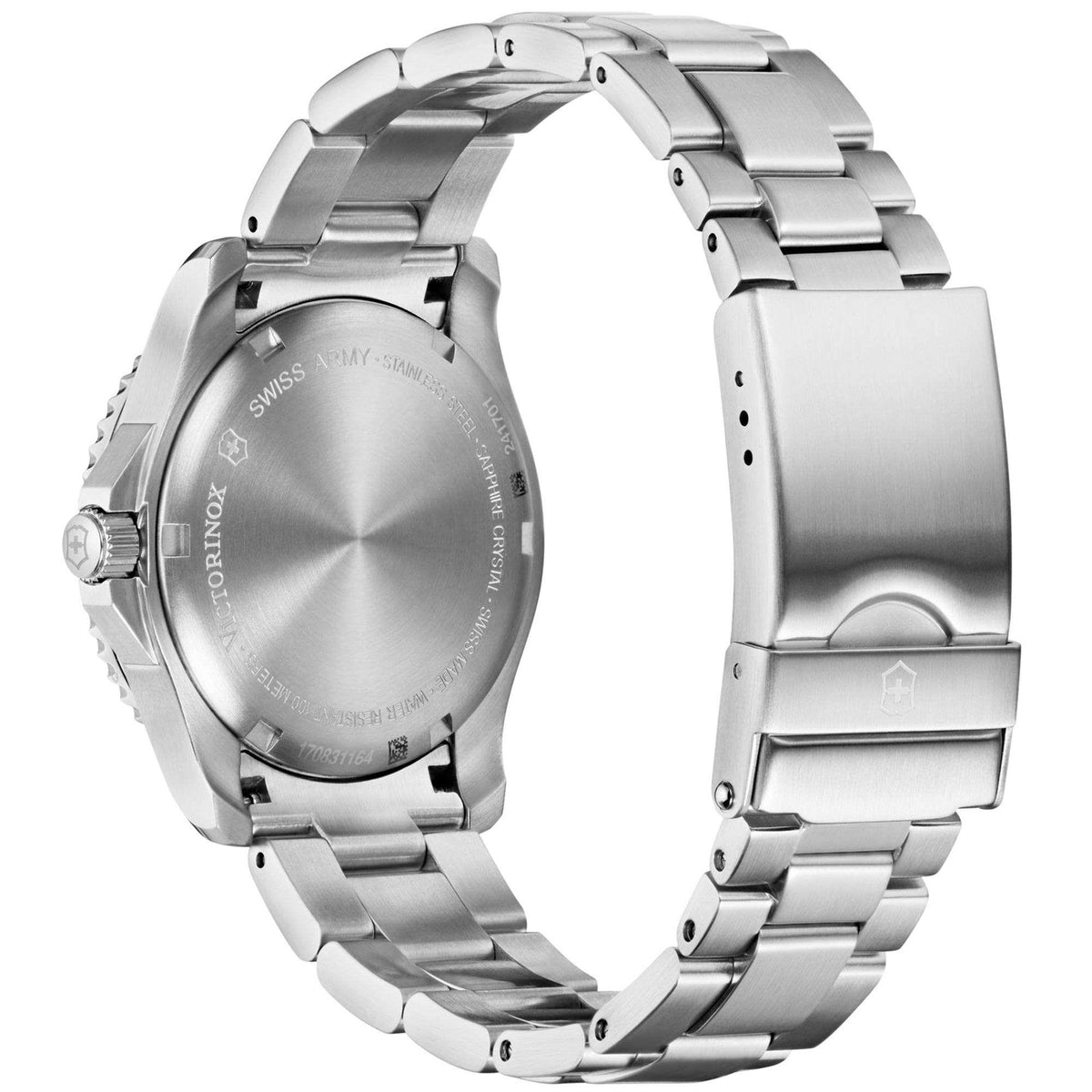 Ladies stainless steel quartz watch caseback close-up with silver clasp and bracelet