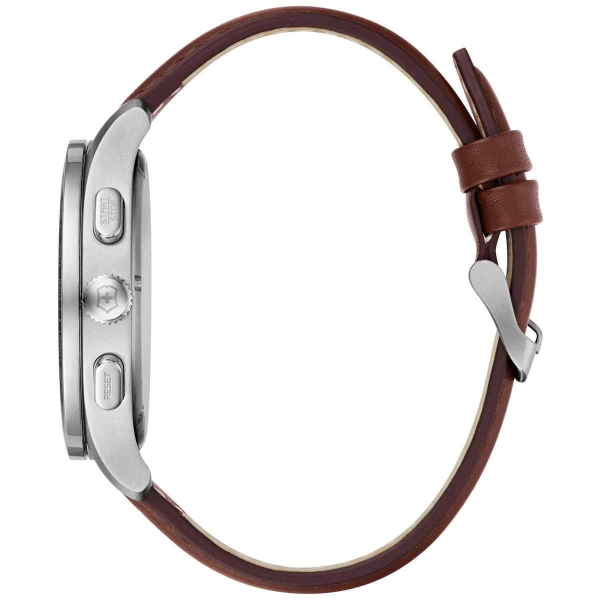 Men's quartz watch side profile with brown leather strap and silver pushers