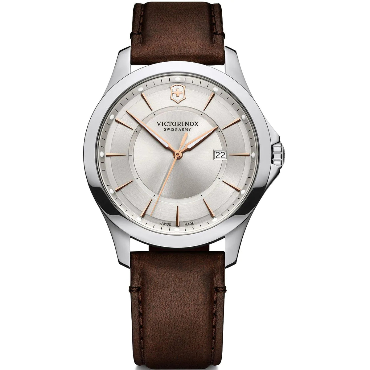 Victorinox Alliance men's quartz wristwatch with white dial, brown leather strap, silver case, date.