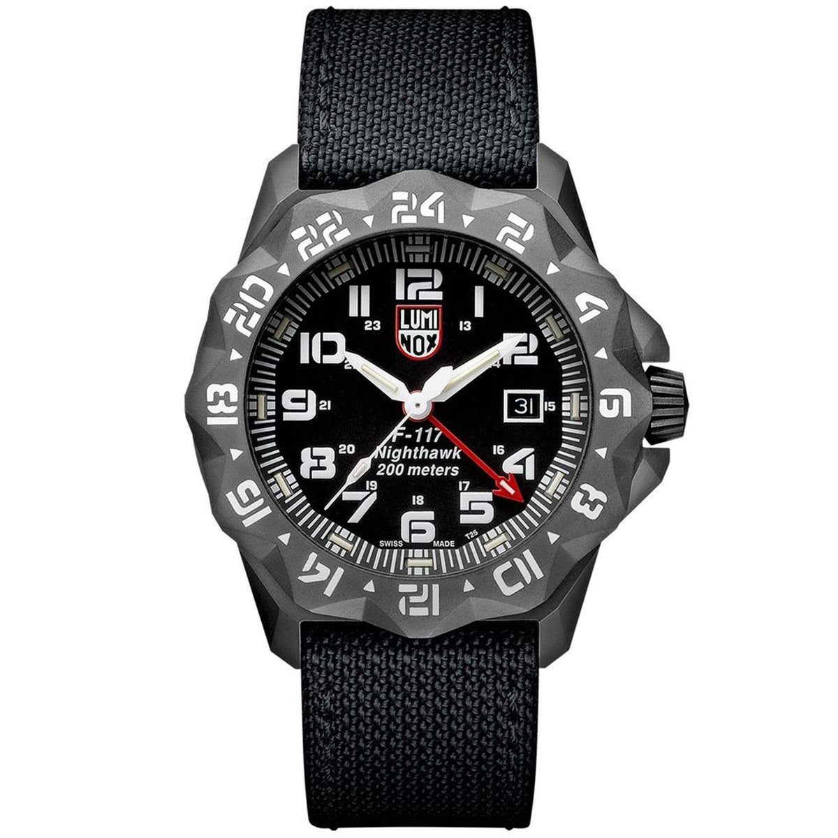 Men's black dial wristwatch with textured black strap, bold numerals and date window