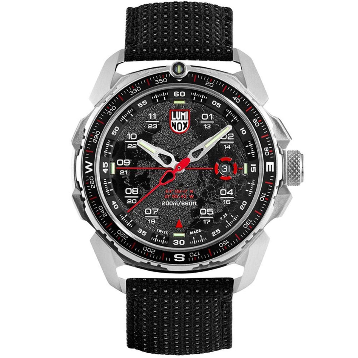 Men's sport quartz watch front view with black dial, red accents, and black textile strap