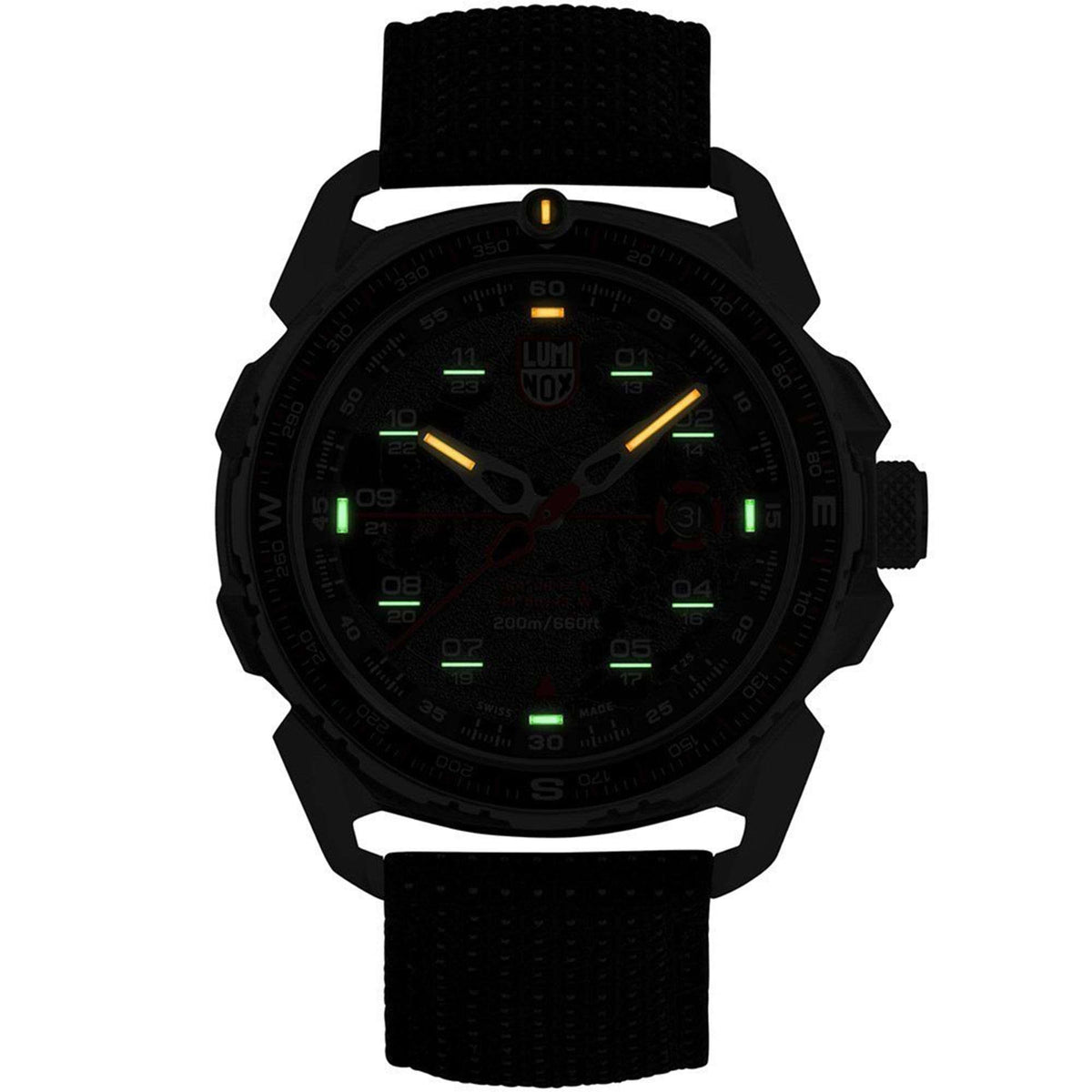 Men's sport quartz watch front view with black dial and green glowing markers, black strap