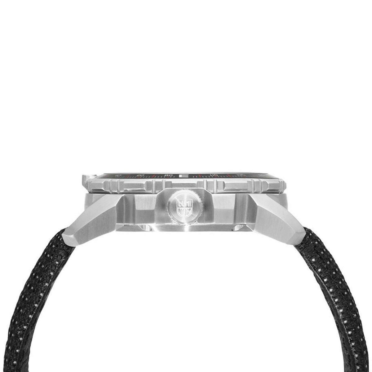 Men's sport quartz watch case top view with black textile strap loop