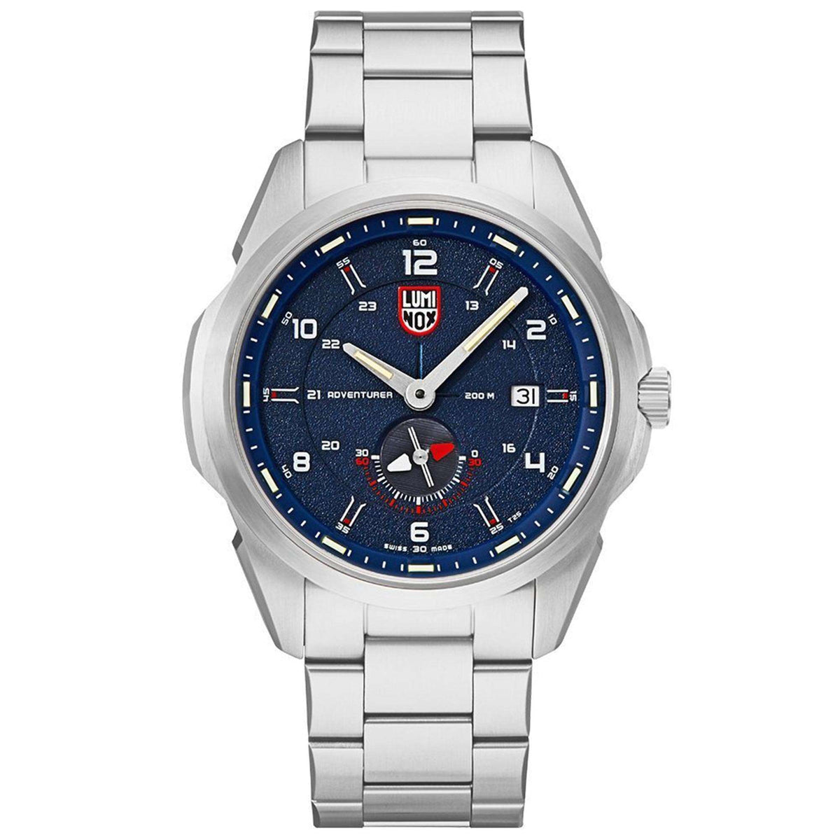 Men's stainless steel automatic field watch, blue dial with metal bracelet, front view