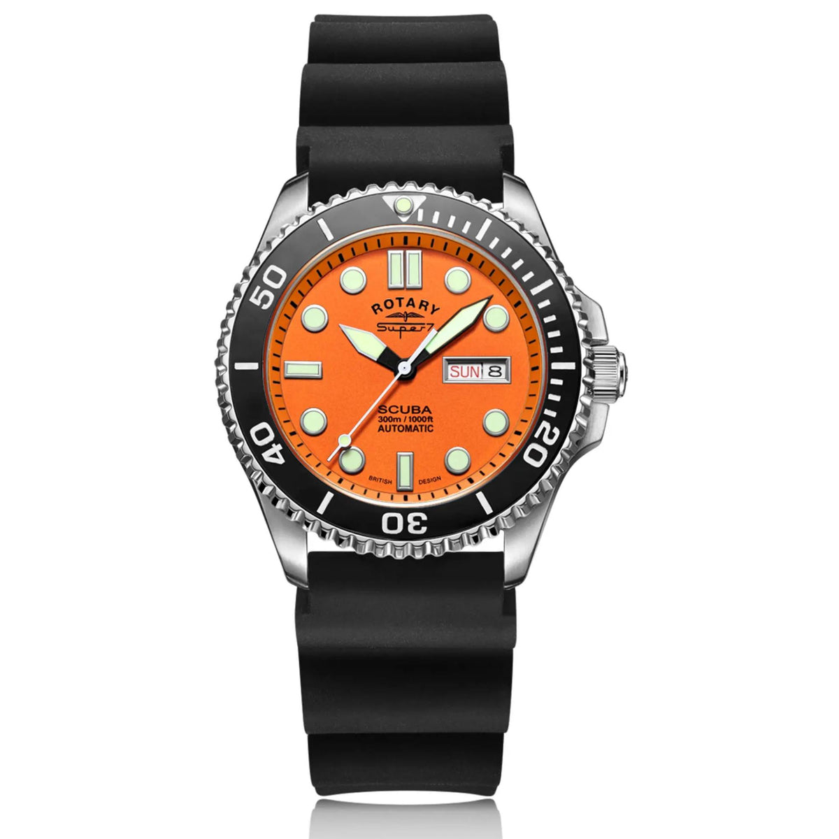 Men's scuba dive watch front view with orange dial, black silicone strap and knurled bezel