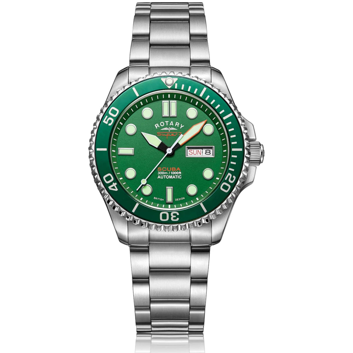 Men's scuba dive watch front view: green dial with markers and stainless steel bezel