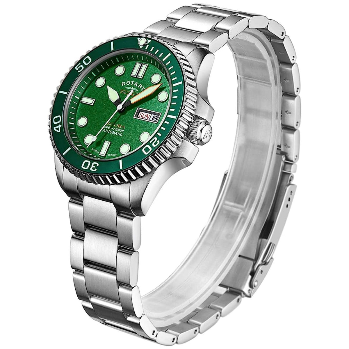 Men's green dial stainless steel dive watch with rotating bezel and link bracelet