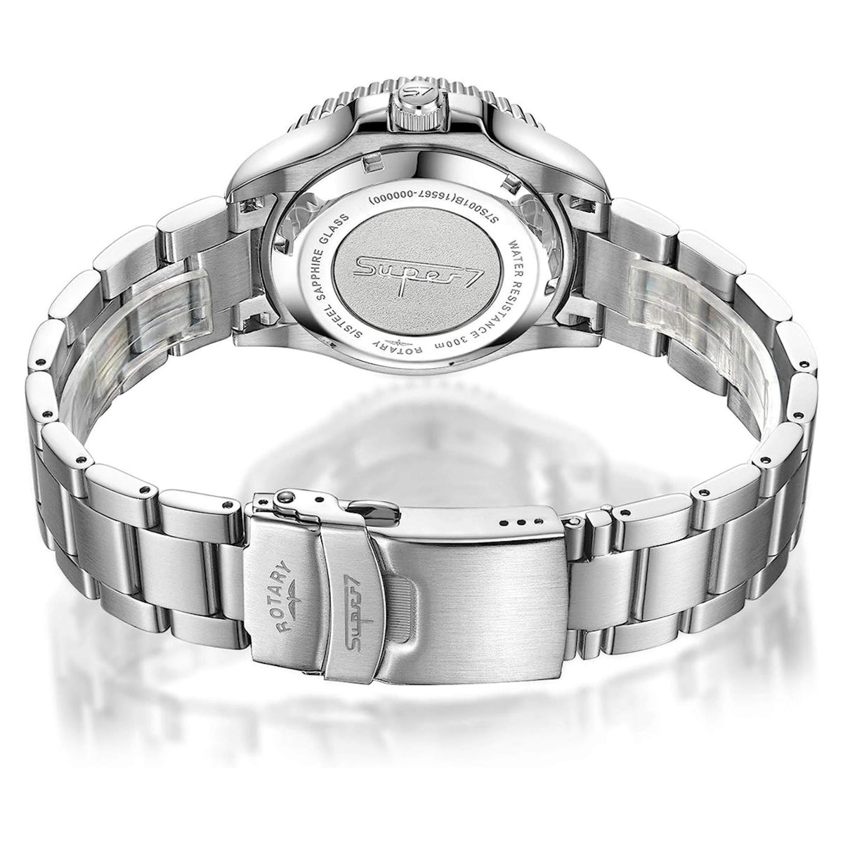 Men's stainless steel dive watch caseback on link bracelet with clasp