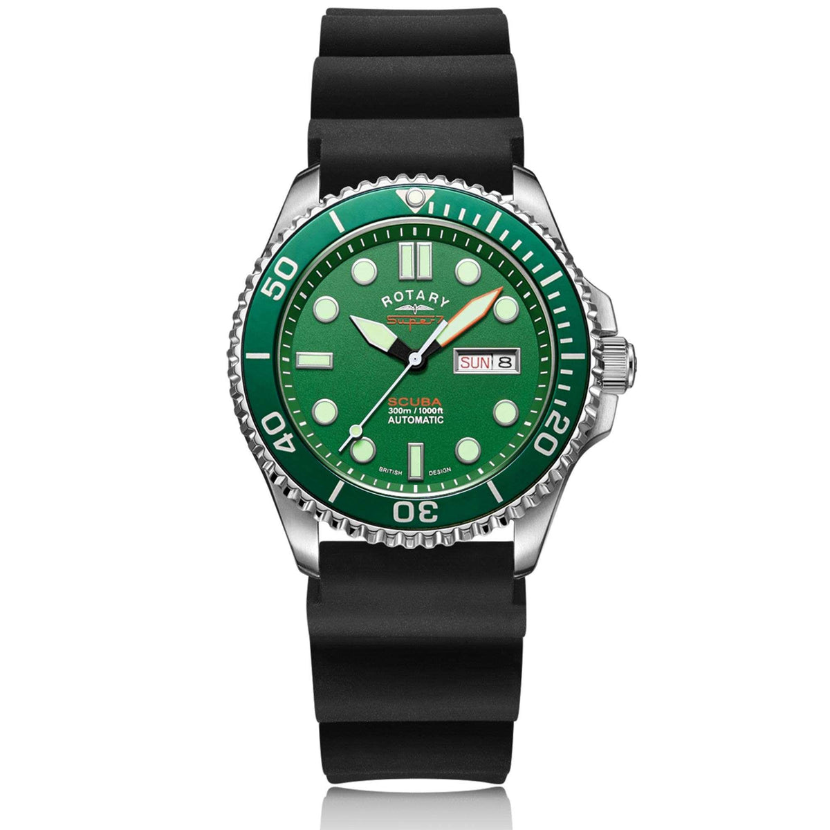 Men's dive watch front view with green dial, black silicone strap, and toothed bezel