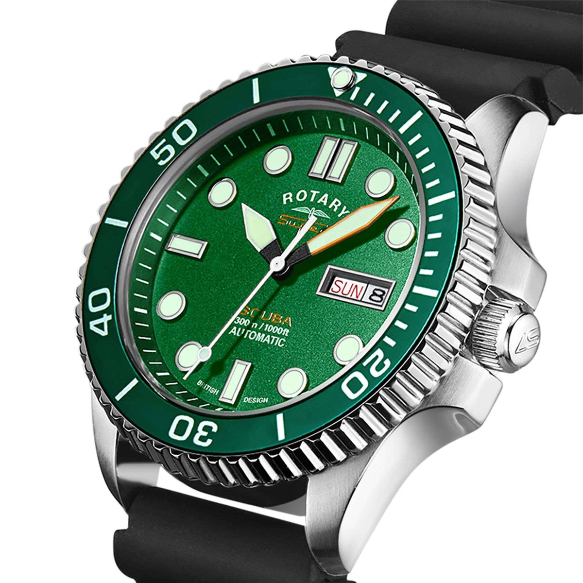 Men's green dial dive watch with black silicone strap and silver bezel