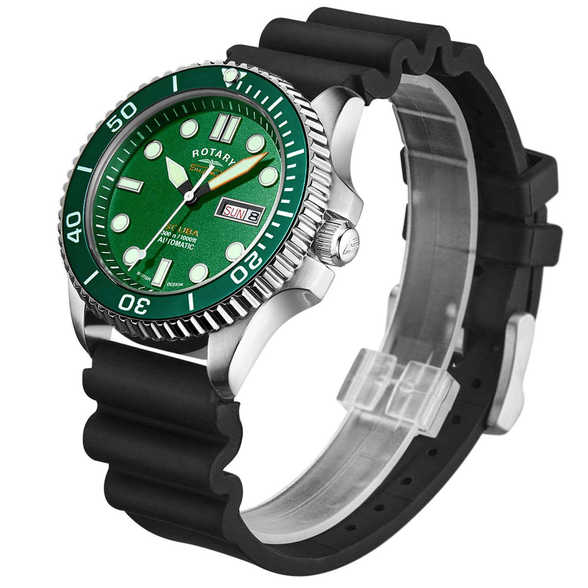 Men's green dial dive watch with black silicone strap, side profile and crown