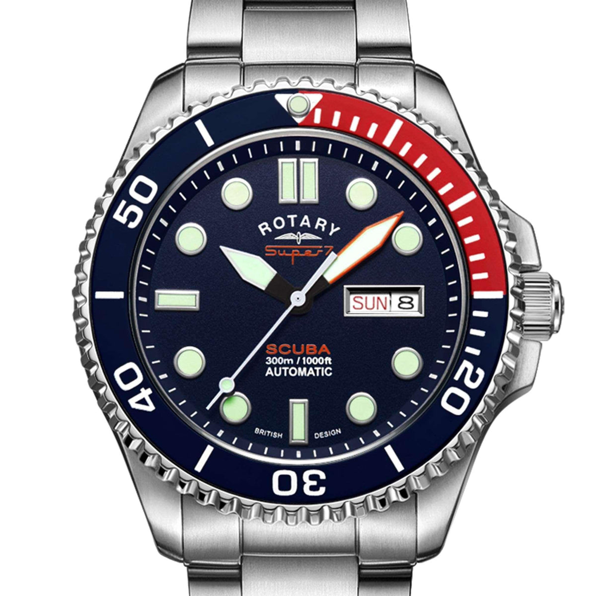 Men's Rotary scuba dive watch dial view with navy dial, red bezel ring, and day-date window