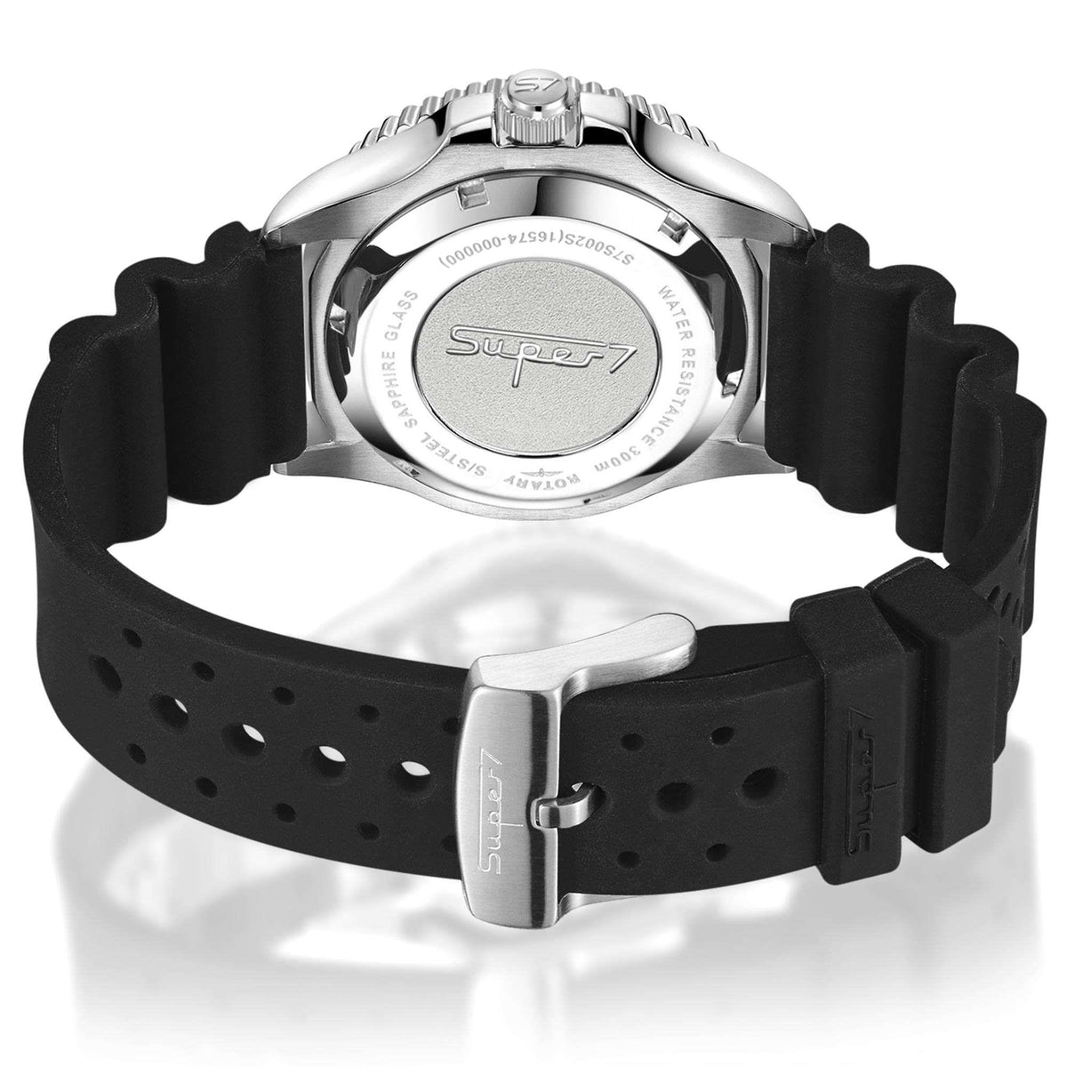 Engraved stainless caseback and black silicone strap of diver watch