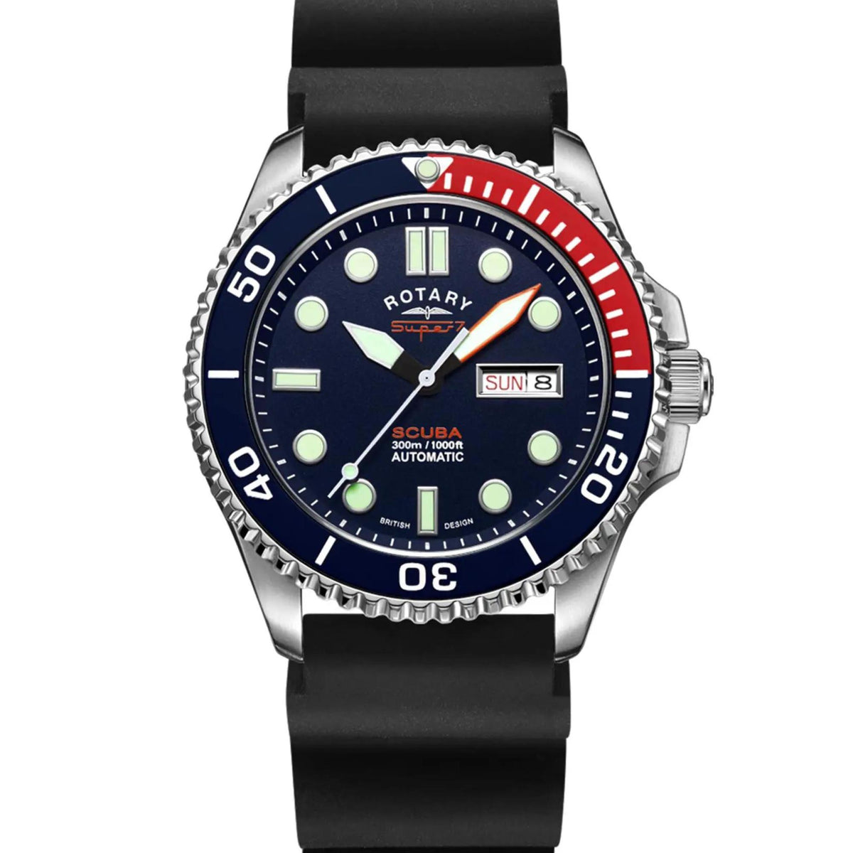 Men's dive watch with navy dial, red-and-blue bezel, and black silicone strap, date window