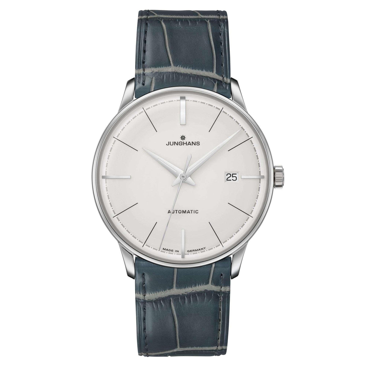 Junghans Meister mens watch with silver bezel, white dial and blue leather strap