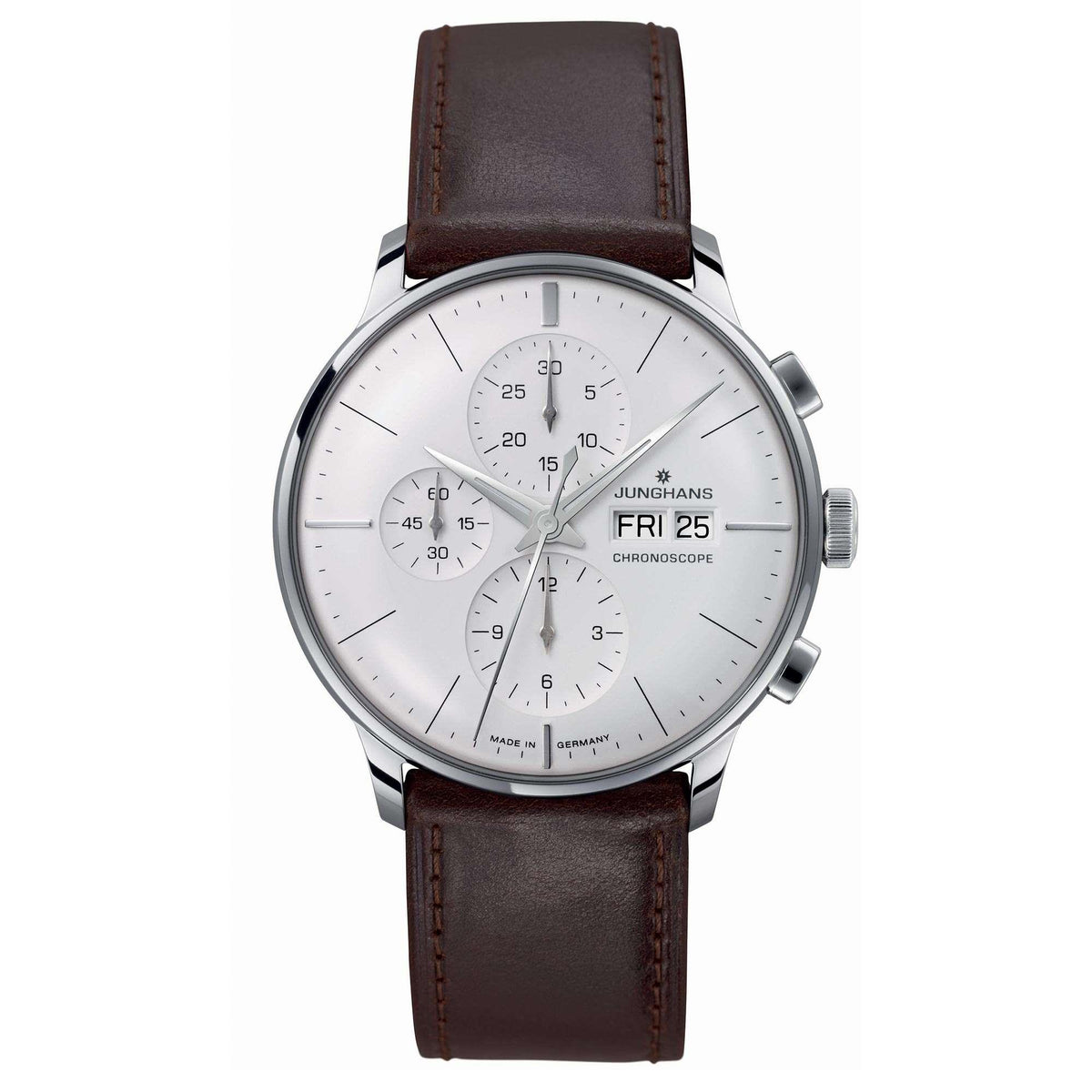 Mechanical wristwatch with silver case, white dial, and brown leather strap, chronoscope subdials