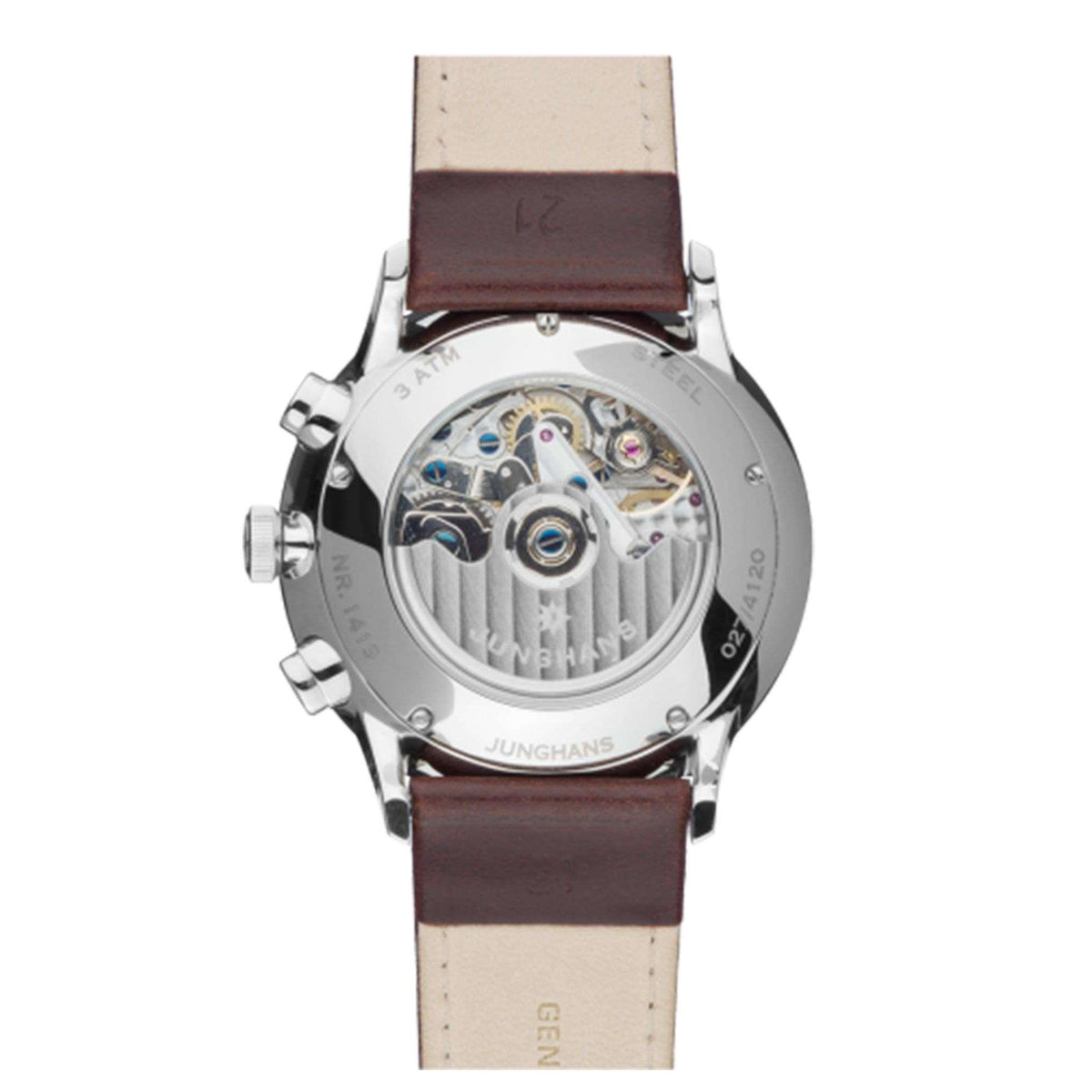 Mechanical watch with see-through caseback showing movement, brown leather strap