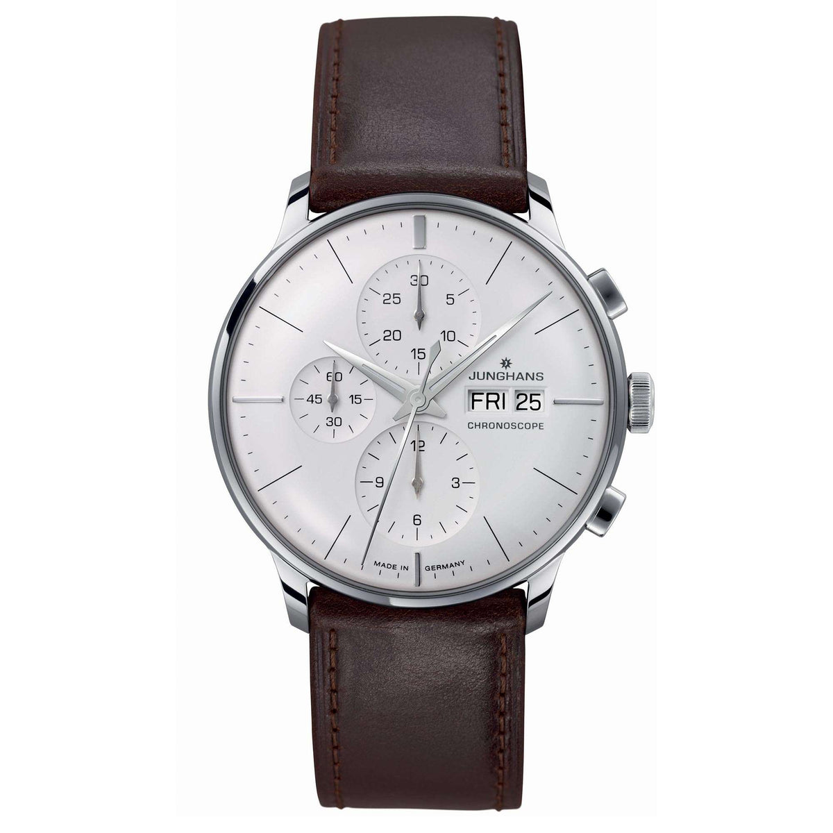 Mechanical wristwatch with silver case, white dial, and brown leather strap, date at 25