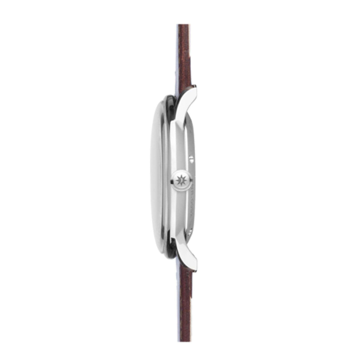 Automatic wristwatch side profile featuring crown and silver case; brown leather strap