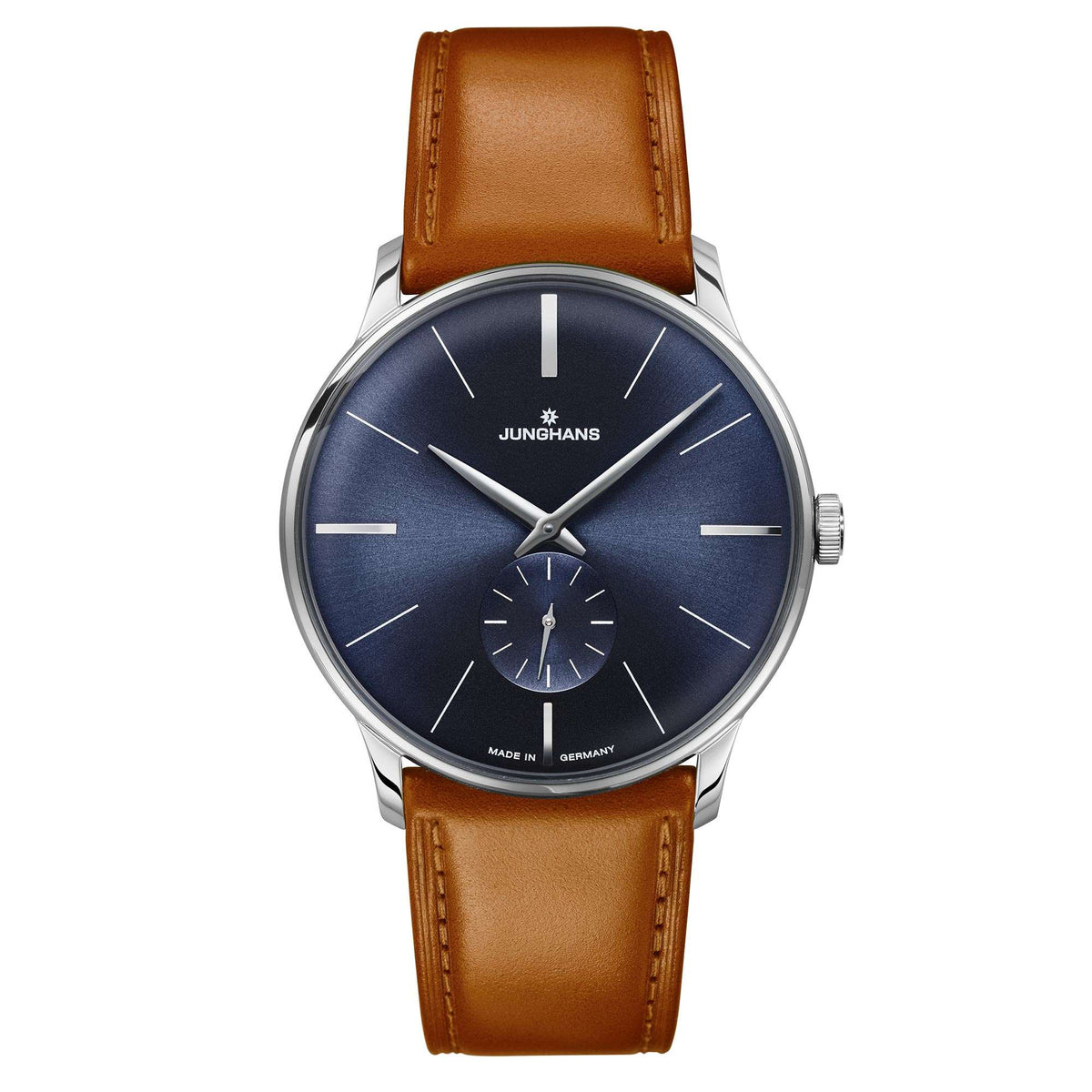 Men's mechanical wrist watch, blue gradient dial and brown leather band with steel bezel