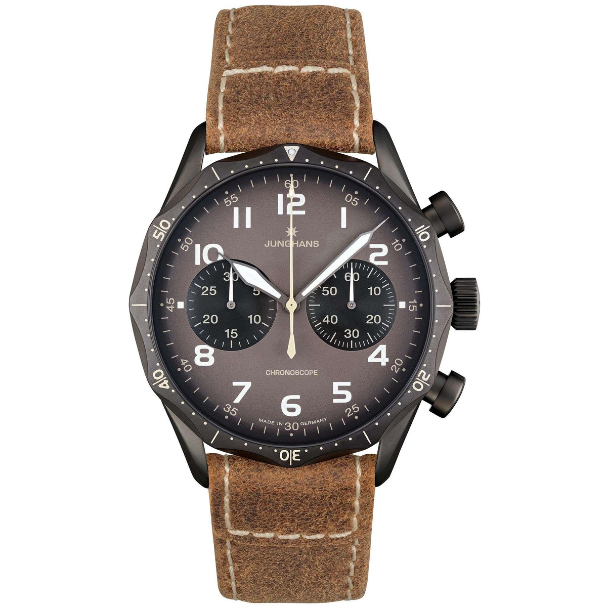 Men's pilot watch with dark grey dial, brown leather strap, three chronograph subdials