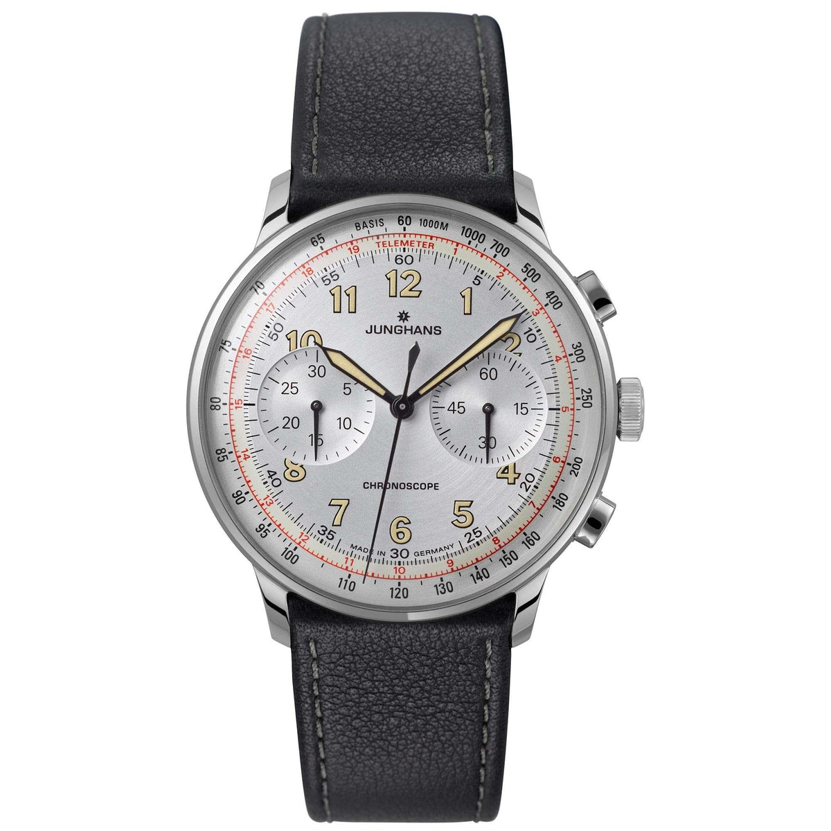 Men's mechanical watch with silver dial, black leather strap, and round silver case