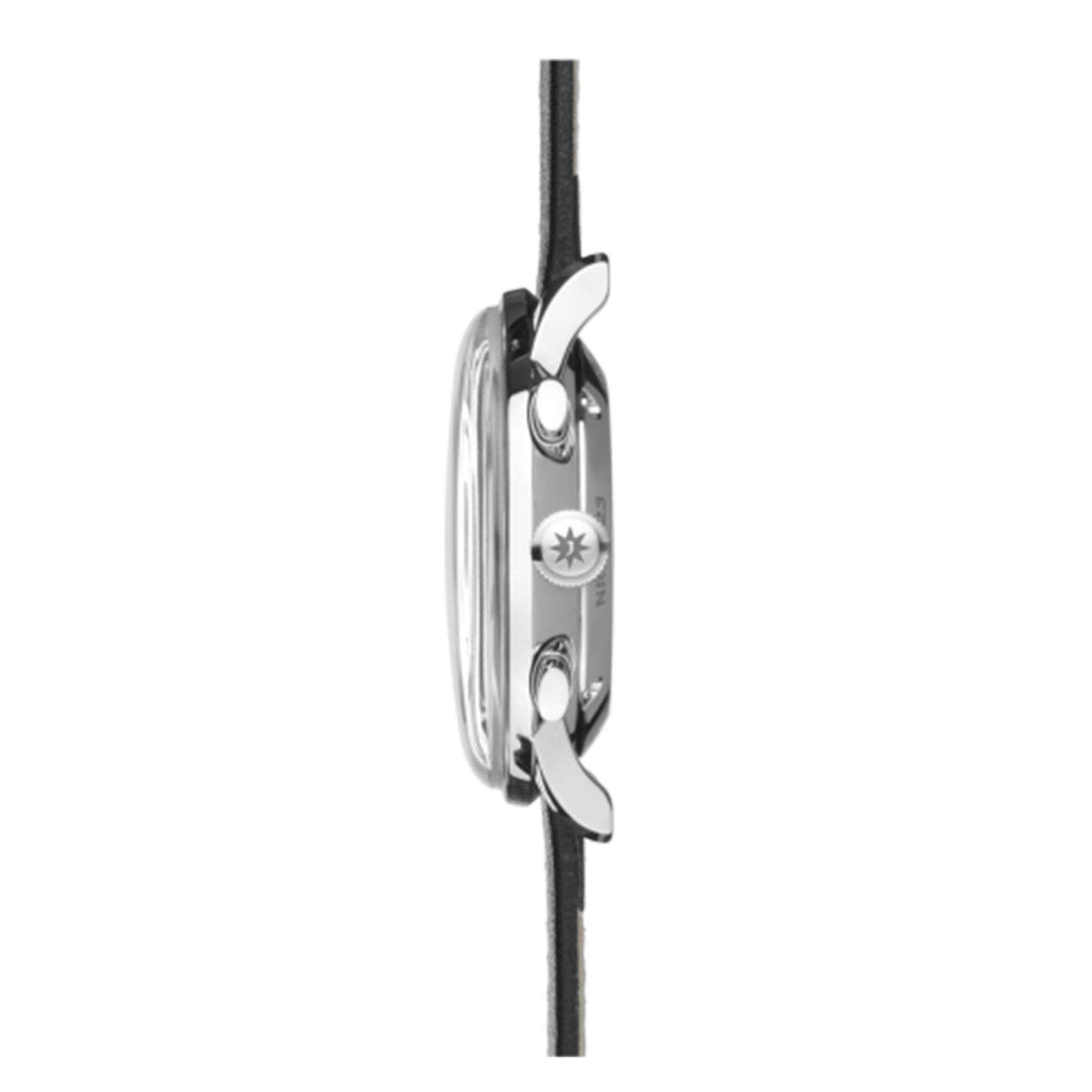 Side view of men's mechanical watch with silver case, black leather strap, crown and pushers