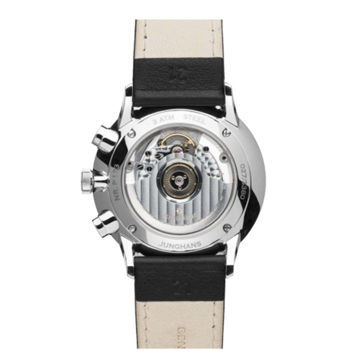 Mechanical watch caseback with visible movement and silver case; black leather strap