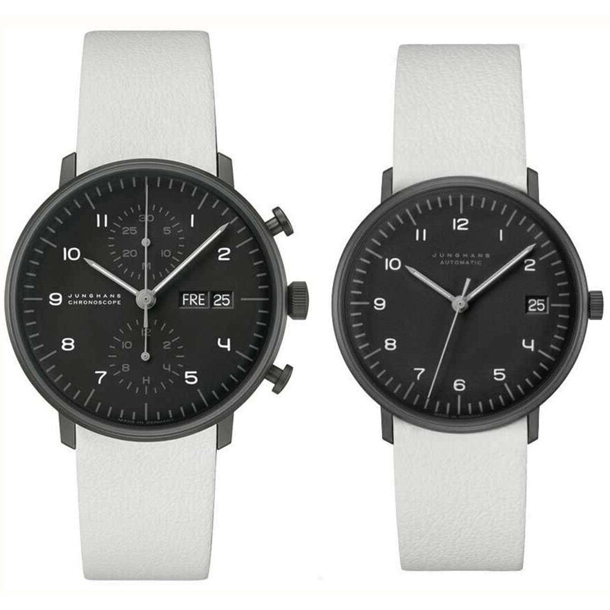 Men's set of two watches with black dial and white leather straps, black cases