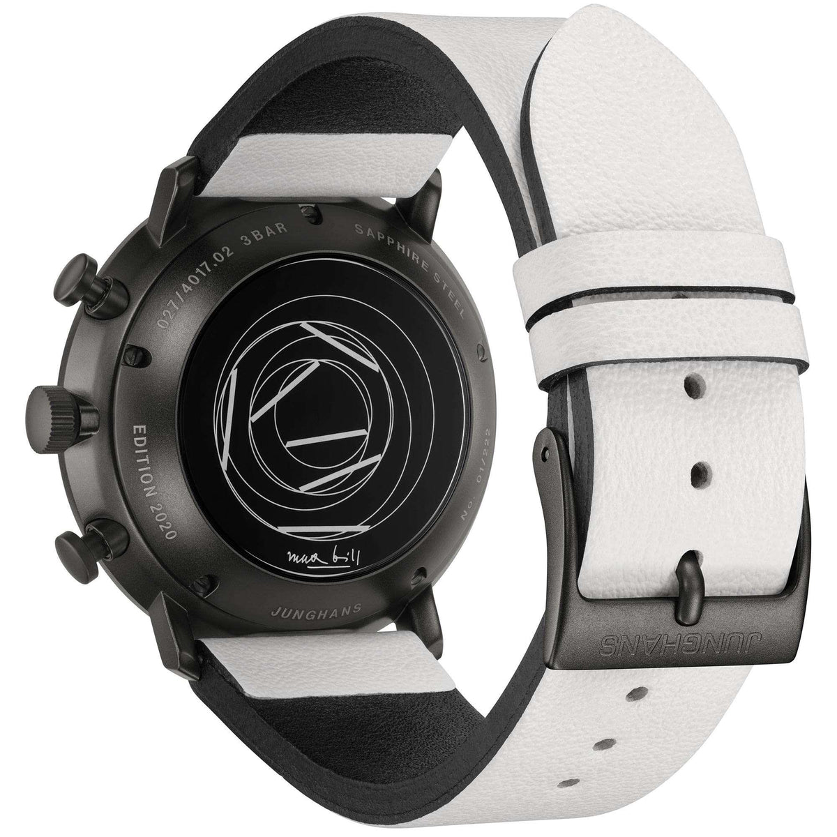 Men's watch underside with black case and light gray leather strap with buckle