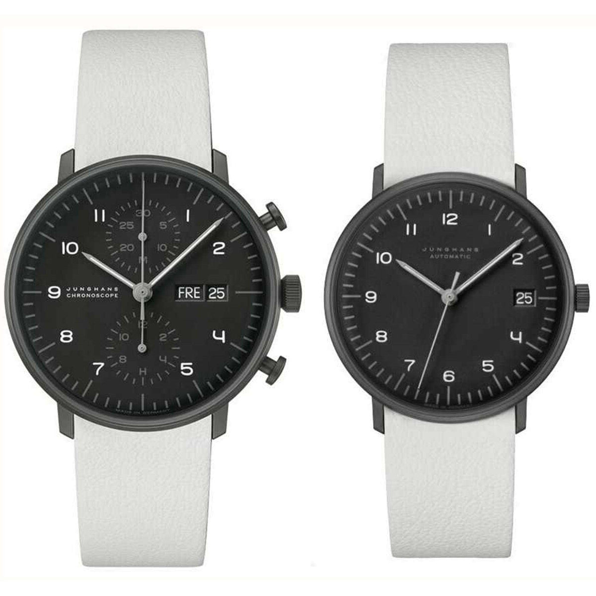 Two men's watches with black dial and white leather strap, matching black bezels