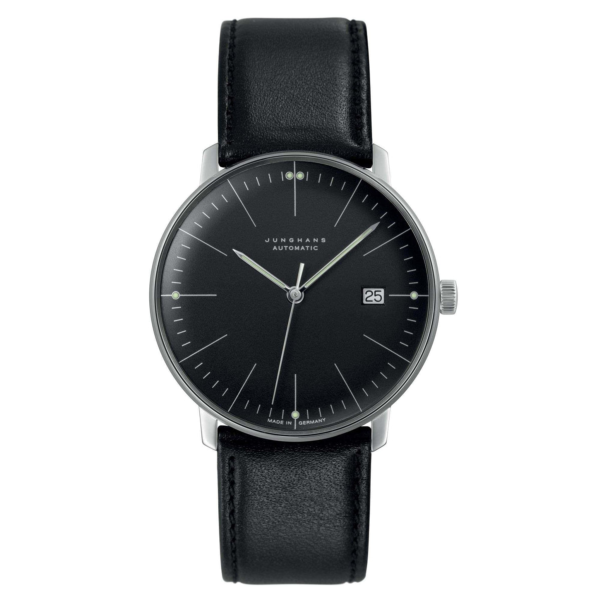 Men's automatic wristwatch with black dial, black leather strap, steel case, date window