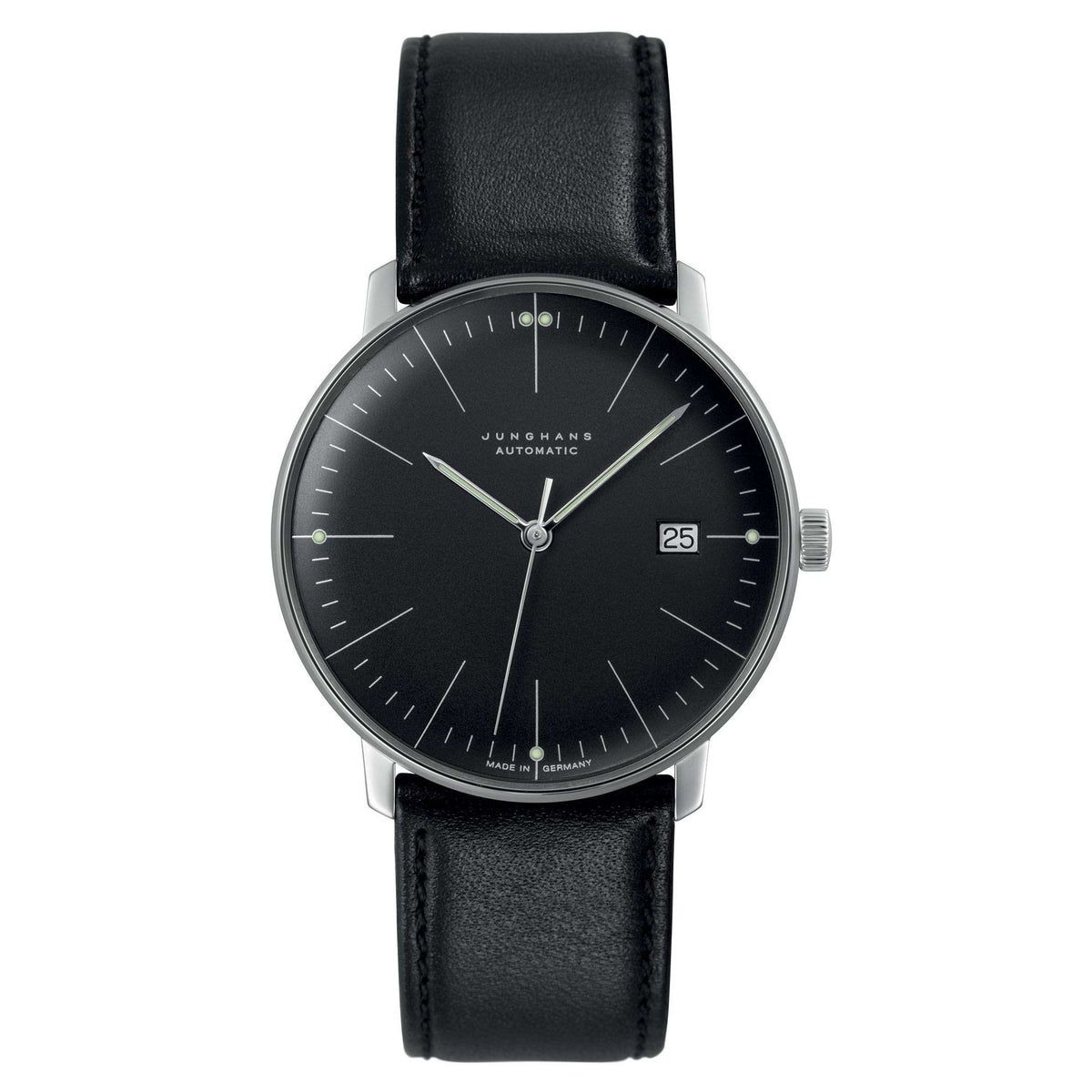 Men's automatic wristwatch with black dial, date at 3 o'clock, black leather strap