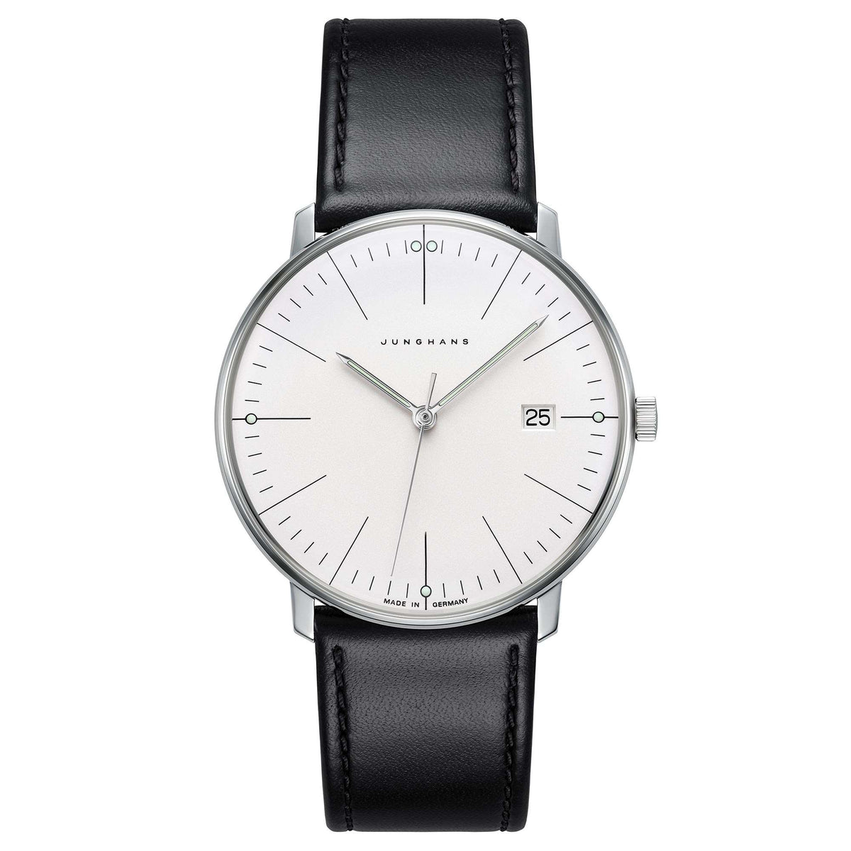 Junghans men's quartz dress watch with silver dial, date window, and black leather strap