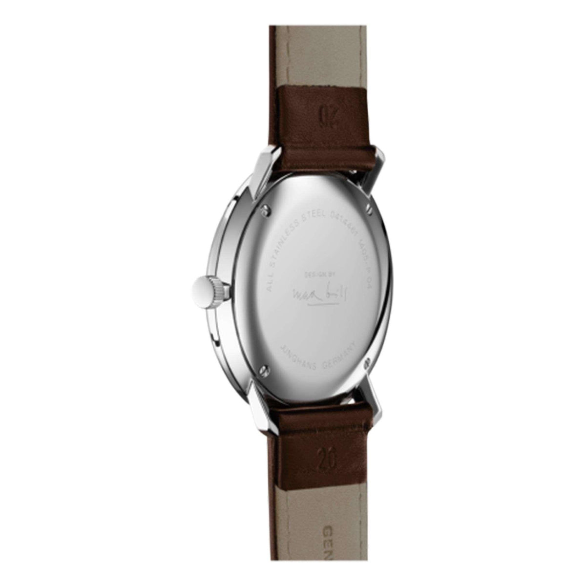 Men's quartz wristwatch showing case back and brown leather strap