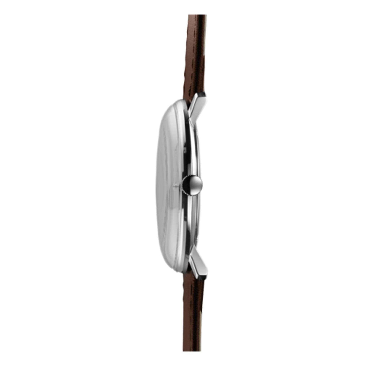 Men's quartz wristwatch side profile with silver case and brown leather strap