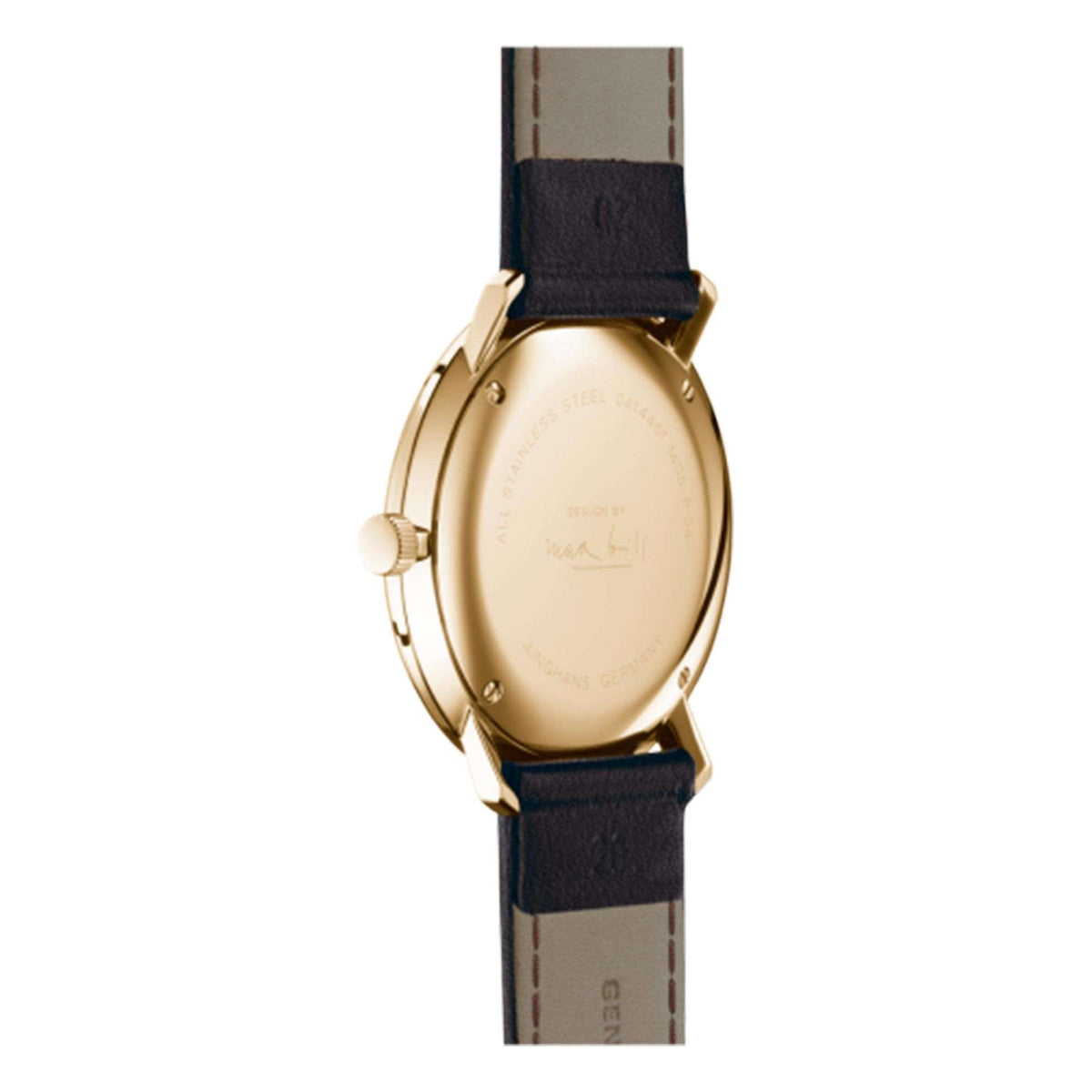 Quartz watch case back with embossed markings and brown leather strap