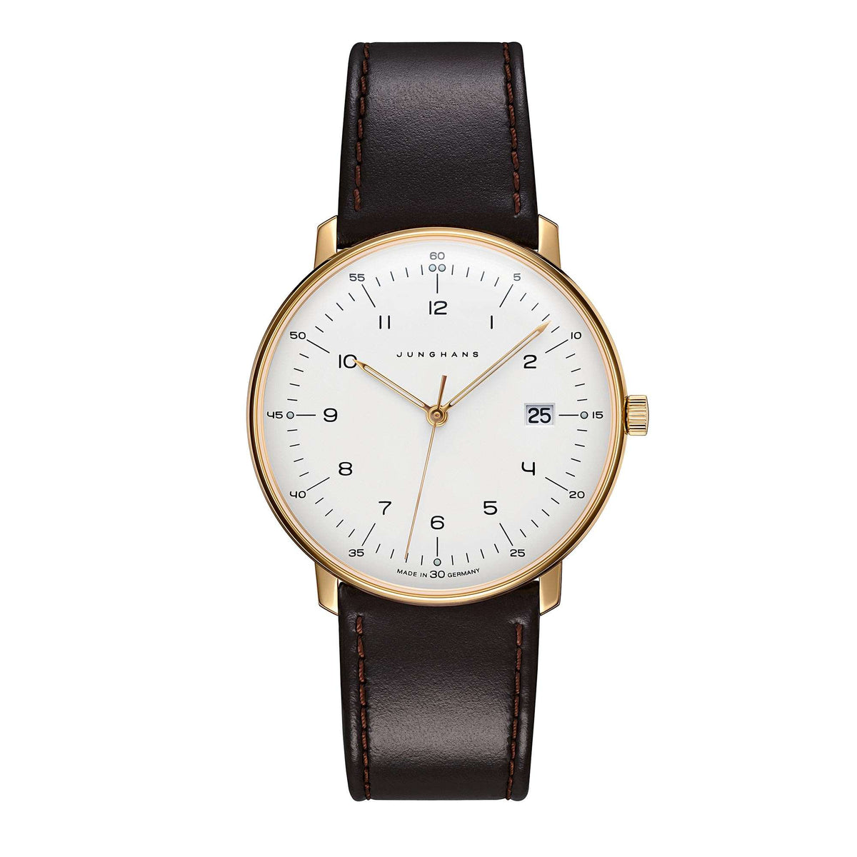 Men's analog watch front view: silver dial, gold-tone bezel, brown leather strap