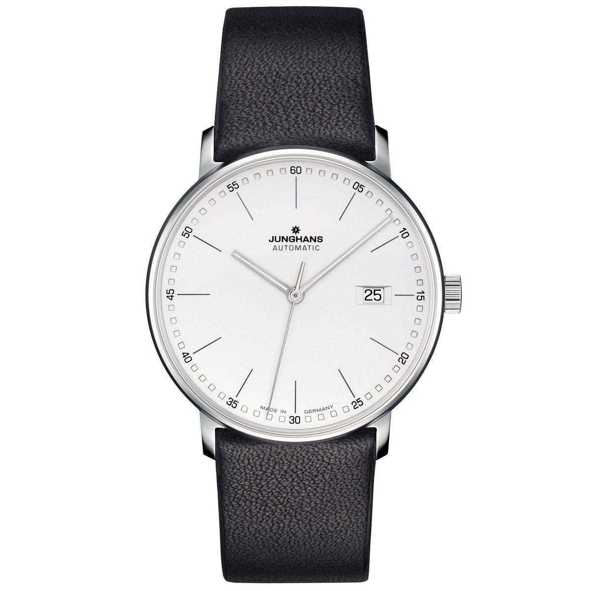 Automatic men's wristwatch, silver dial with Junghans text, black leather strap