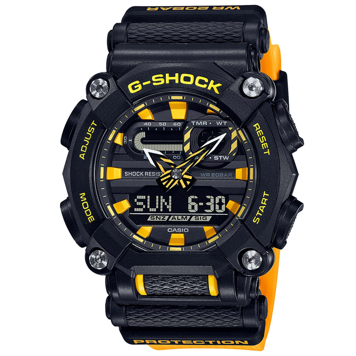 Men's G-Shock watch with black resin strap, black dial with yellow details, digital time 6:30