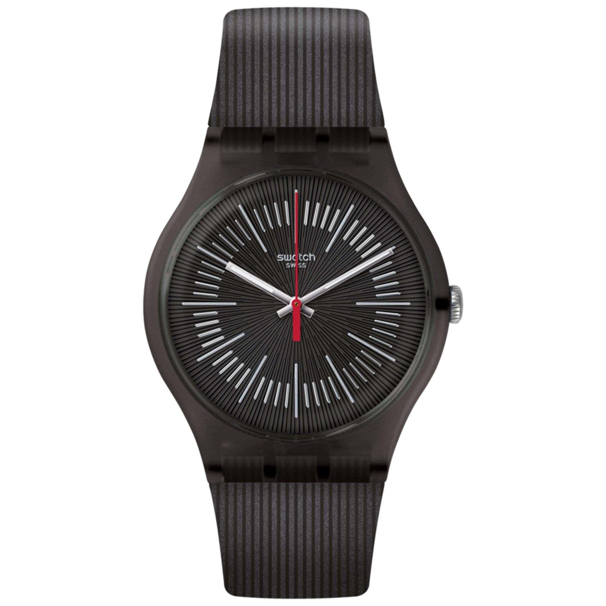 Black silicone strap quartz wristwatch with black dial, silver radial lines, red center hand