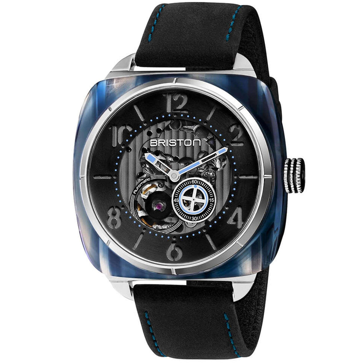 Men’s skeleton watch with black dial, blue-toned case, and black leather strap