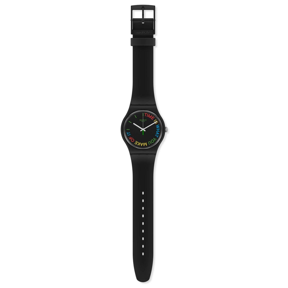 Black quartz wristwatch with black silicone strap; round dial with colorful curved text