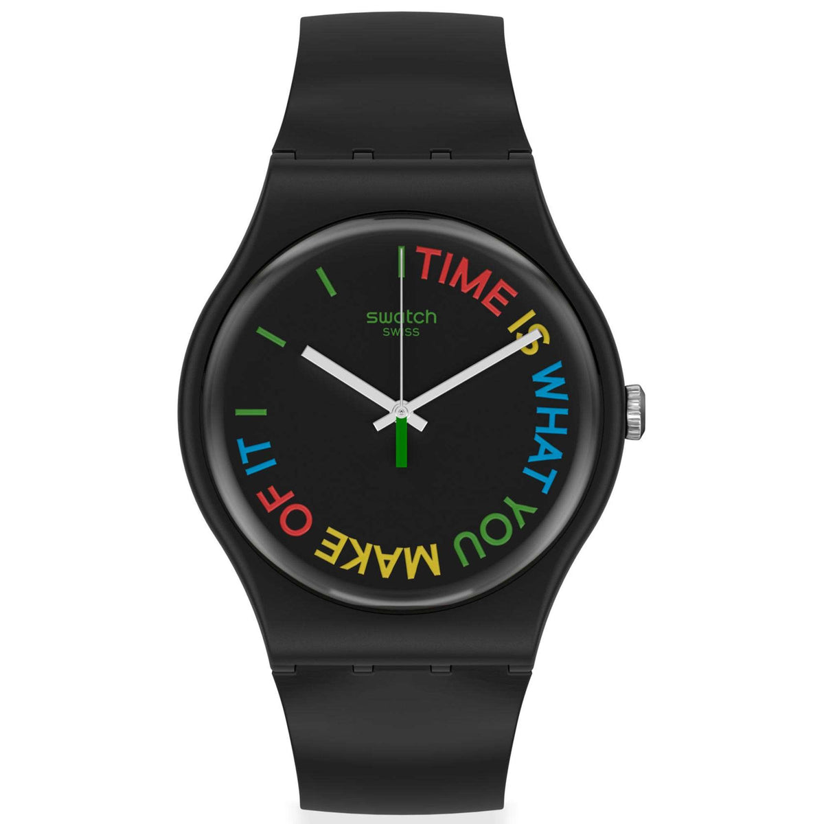Front view black quartz wristwatch with green hands, blue/red accents, and colorful dial text
